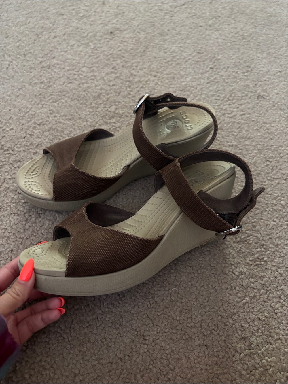 Crocs- Comfort Wedge Sandals in Brown size 8